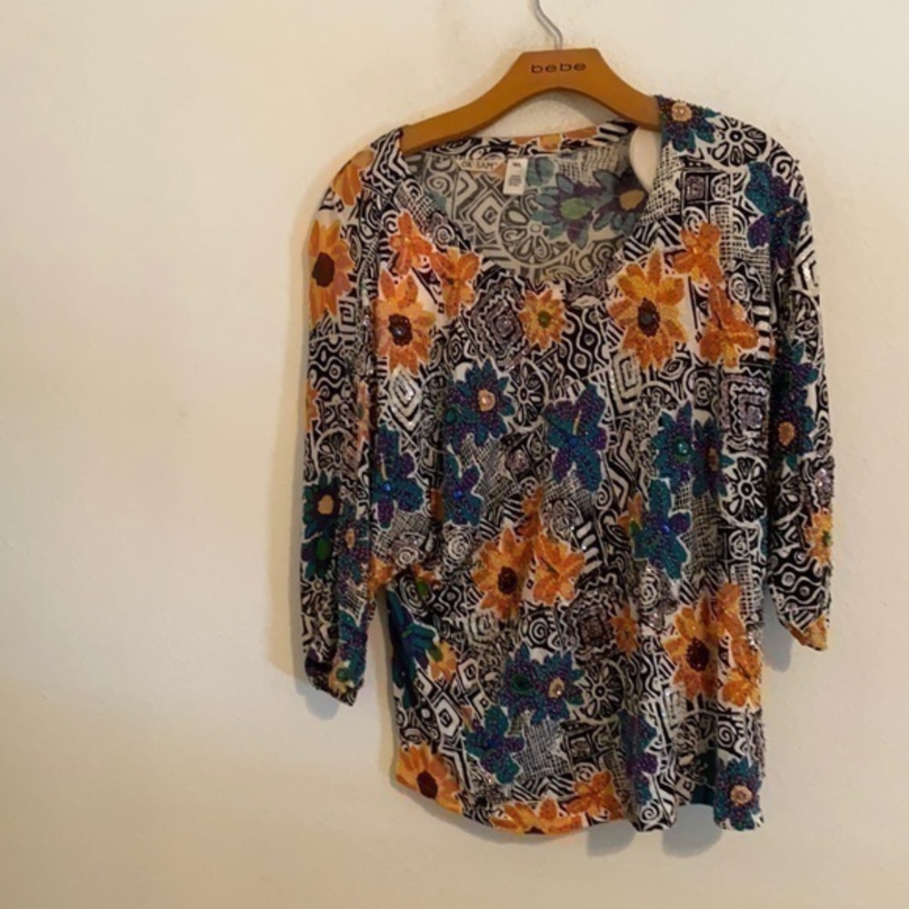 OK SAM BLUE & ORANGE FLORAL BLOUSE LARGE